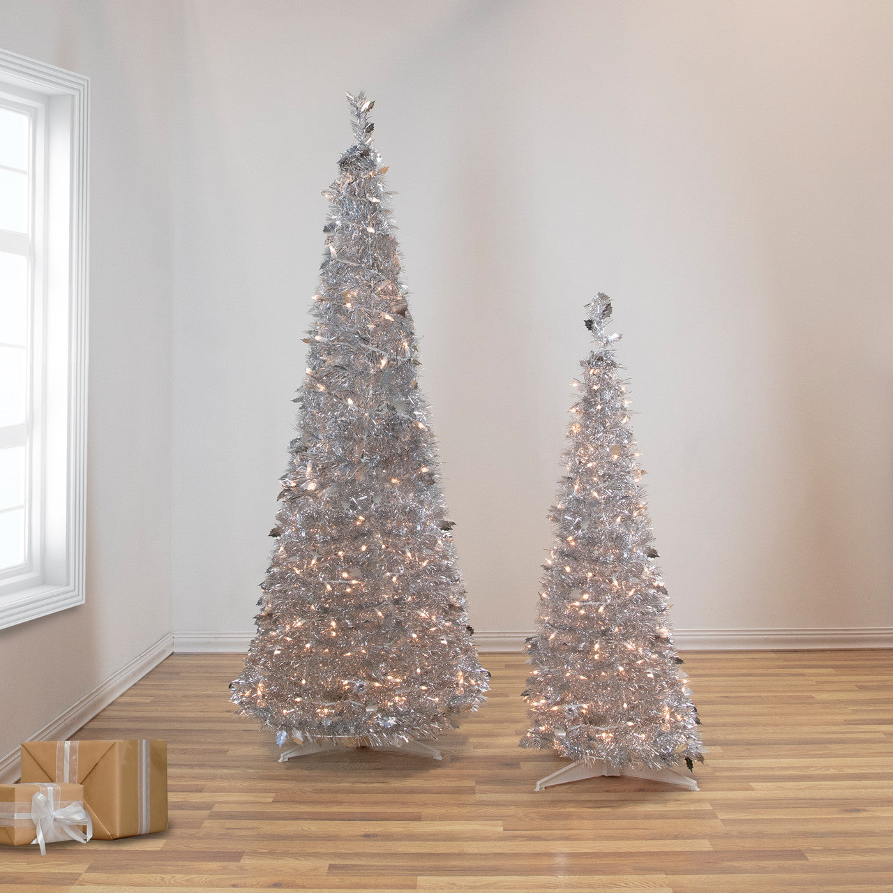 6' Pre-Lit Silver Tinsel Pop-Up Artificial Christmas Tree - Clear Lights