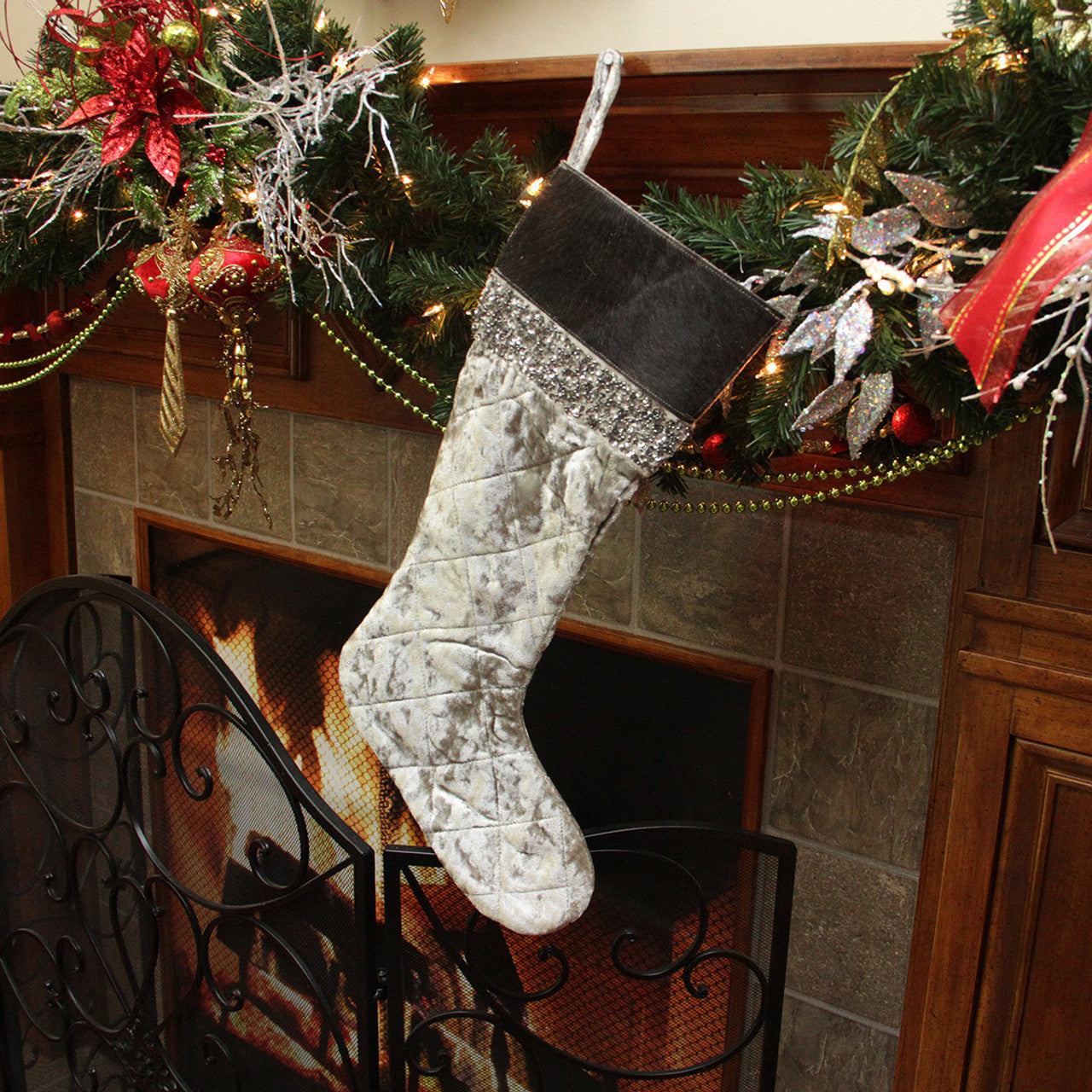 22" Gray and Black Quilted Embellished Christmas Stocking