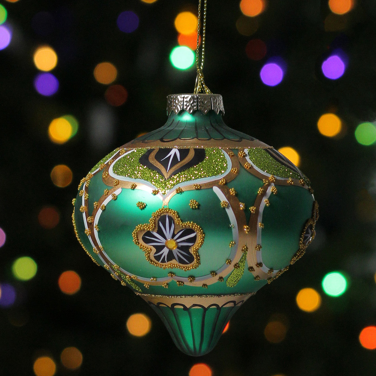 4.5" Green Gold Black Floral Bead and Jewel Glass Onion Christmas Ornament