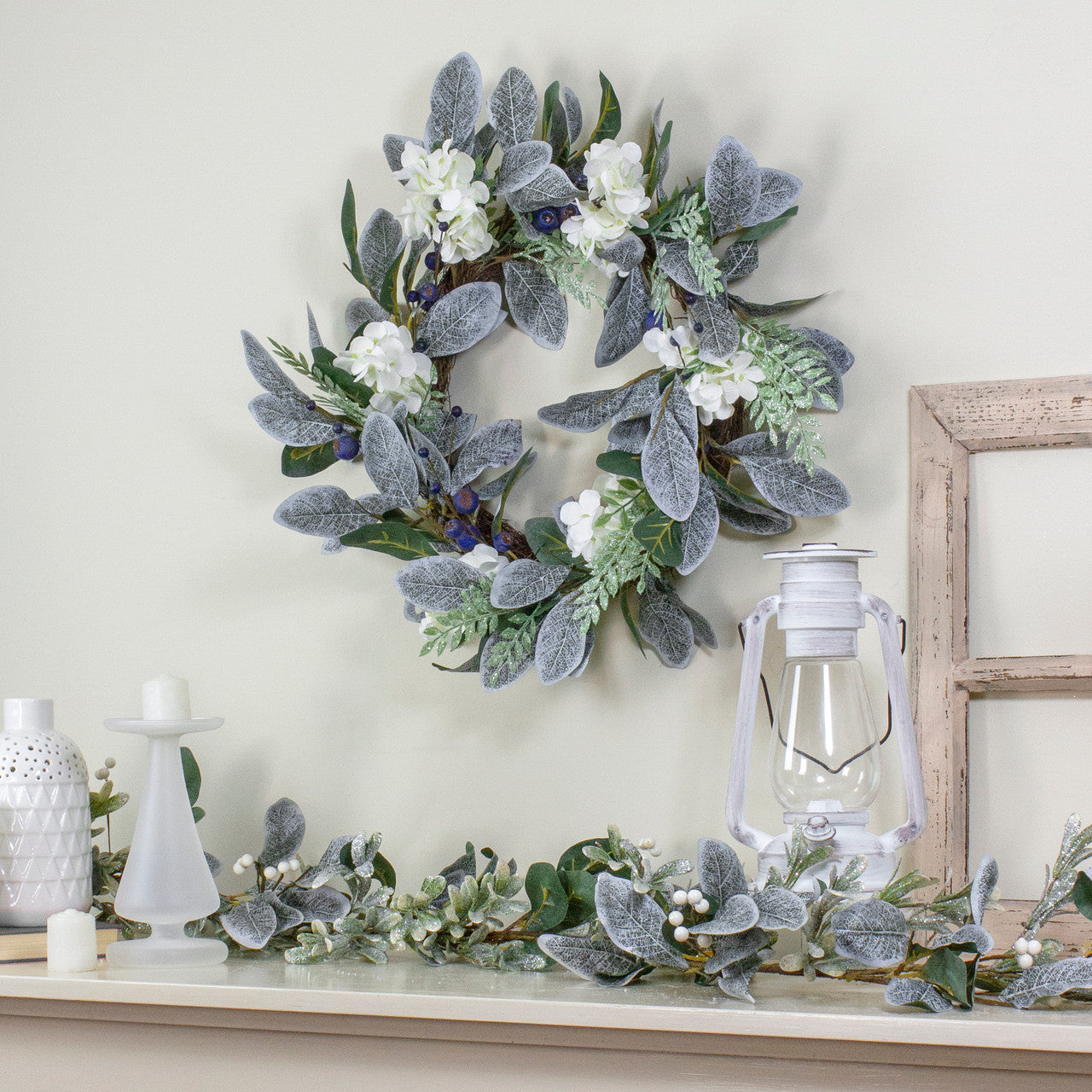 Iced Hydrangeas, Blueberries, and Foliage Artificial Christmas Wreath - 26 Inch, Unlit