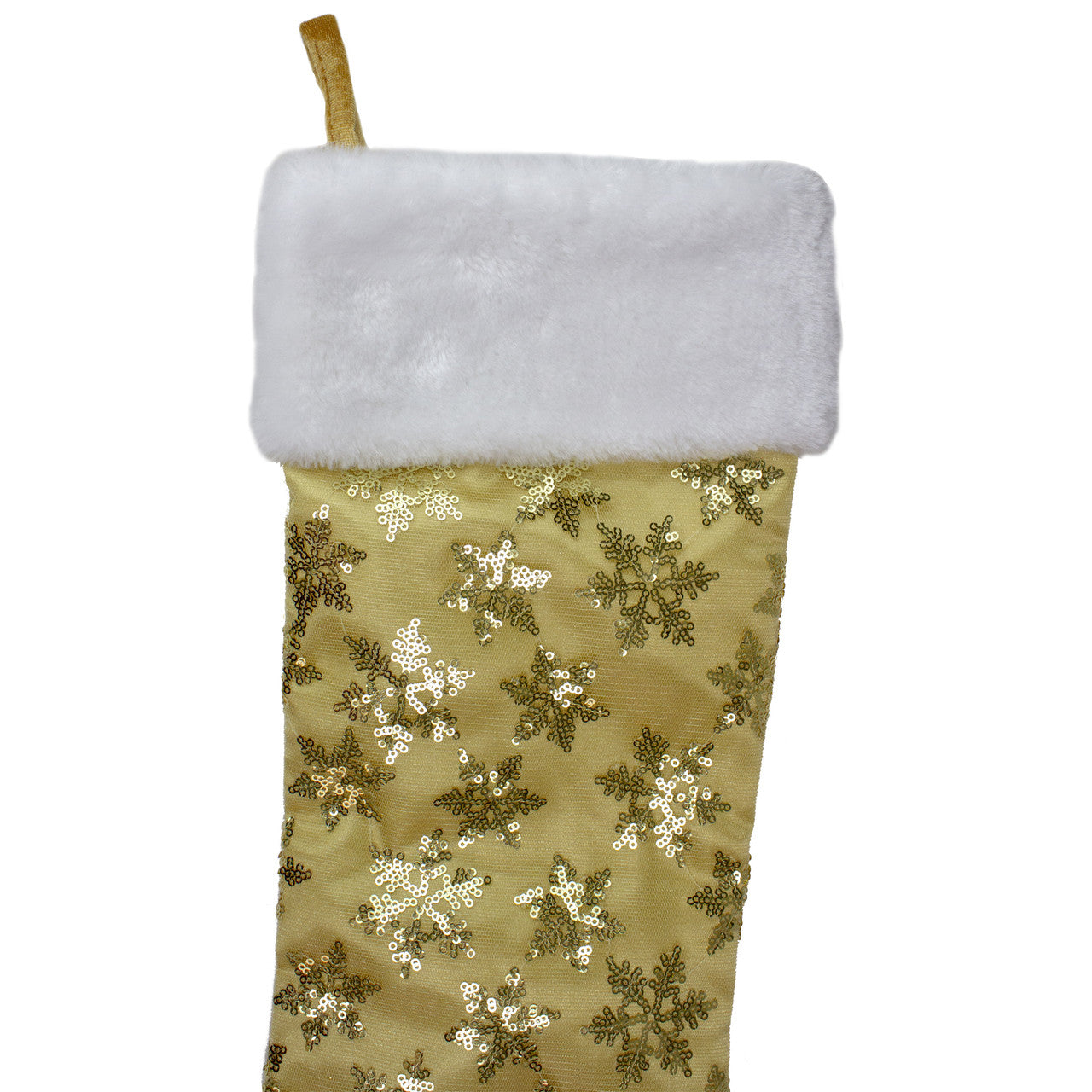 20.5" Gold and White Sequin Snowflake Christmas Stocking