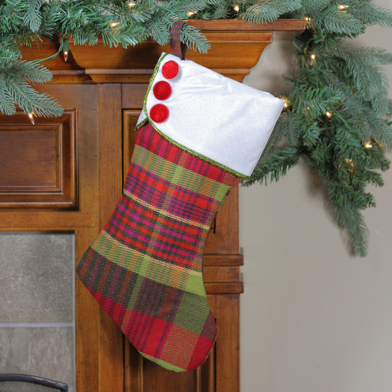 19" Multi-Color Plaid Christmas Stocking with Green and Yellow Trim and Red Buttons