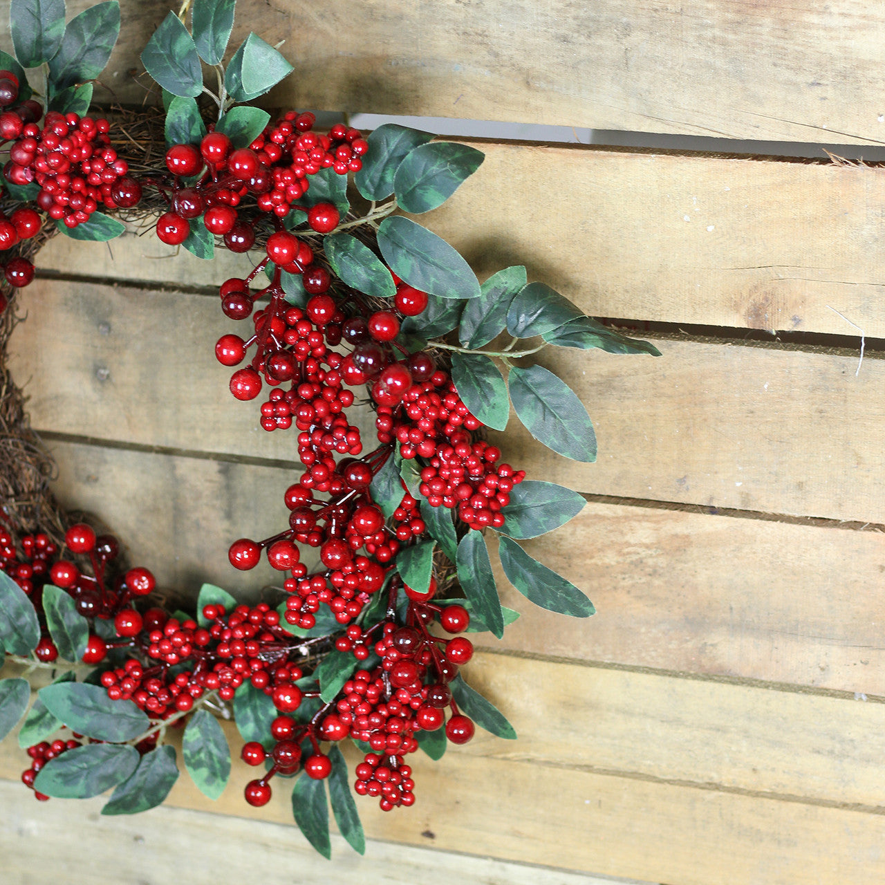 Red Berries and Two-Tone Green Leaves Artificial Christmas Wreath - 18-Inch, Unlit