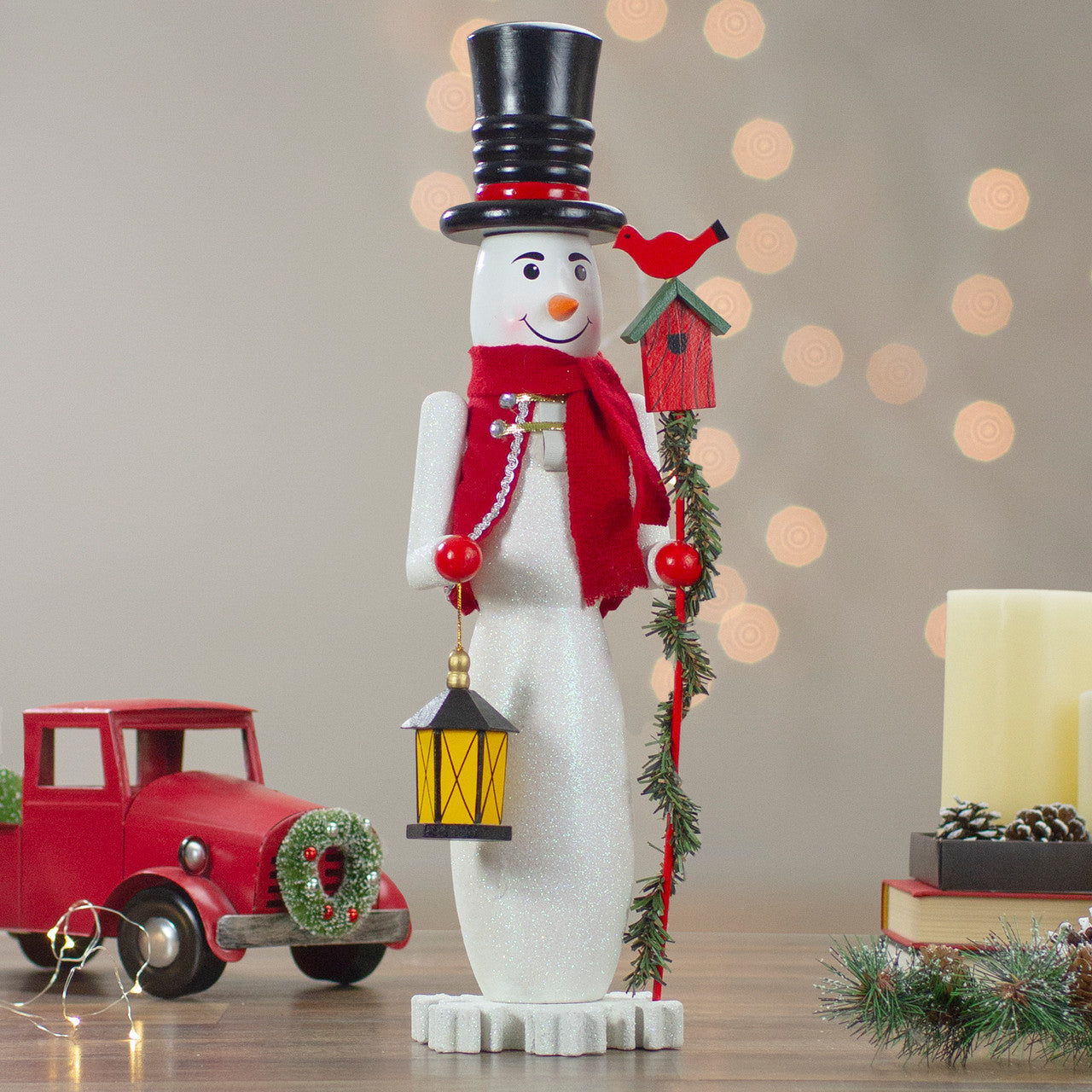 18" White and Red Wooden Snowman Christmas Nutcracker