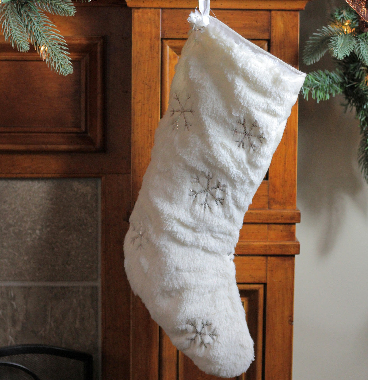 18" White Faux Fur Christmas Stocking with Silver Sequined Snowflakes