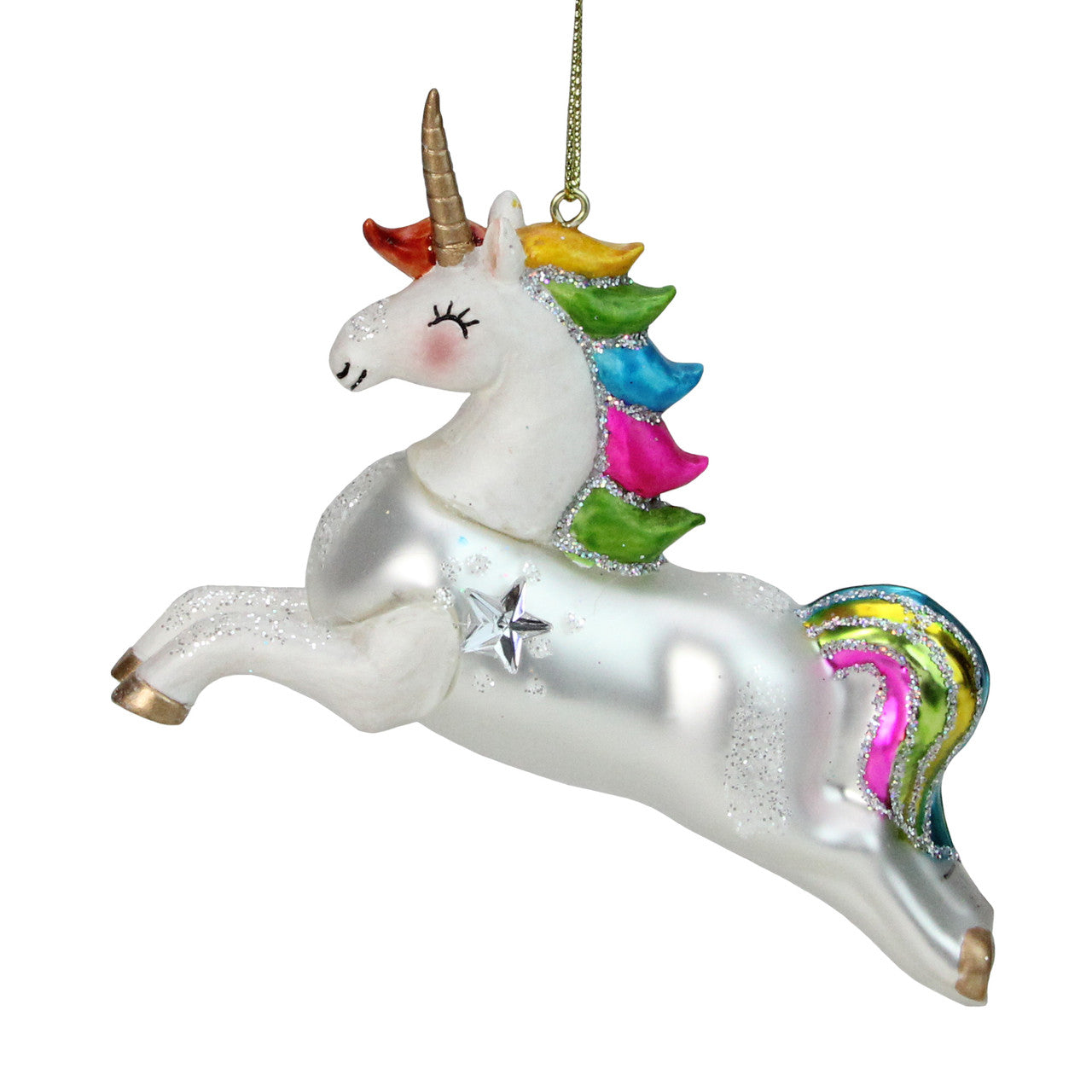 Glittery Rainbow Unicorn Glass Christmas Ornament 4.5"