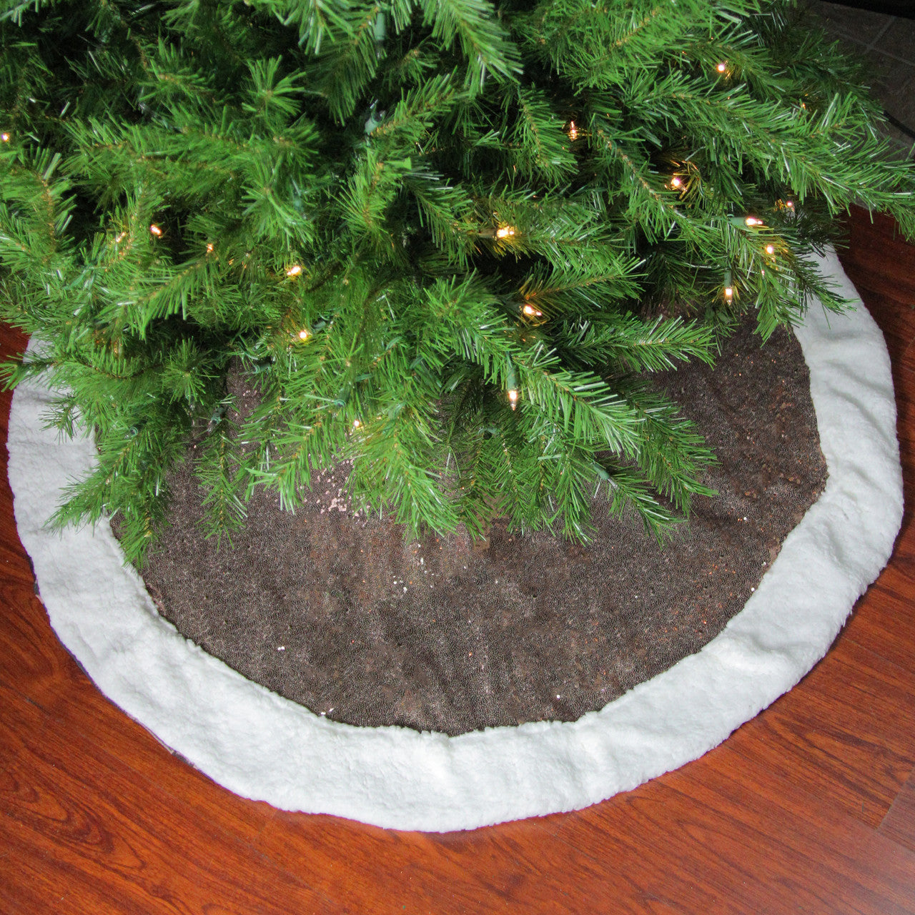 47" Brown and White Paillette Sequins Round Christmas Tree Skirt