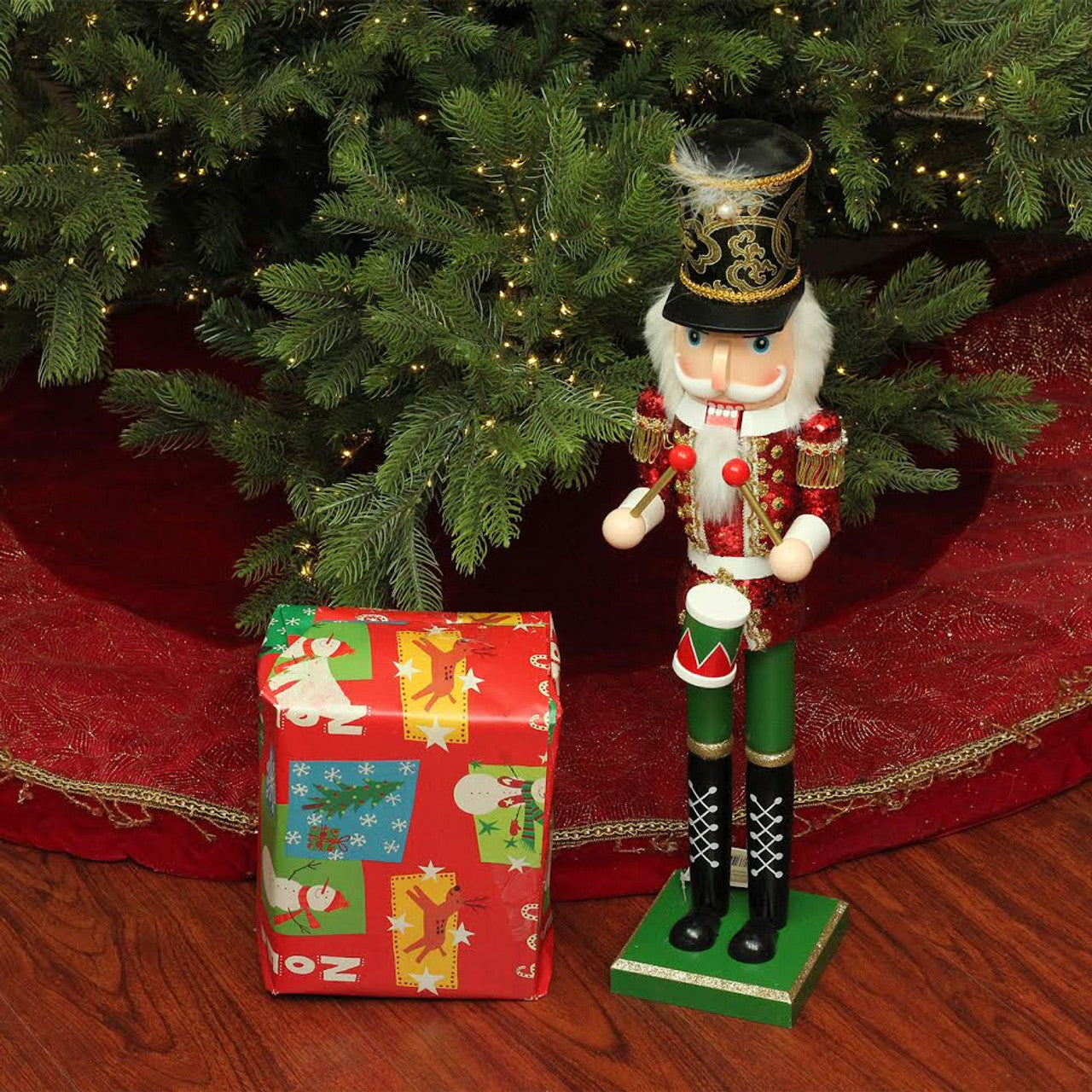 24" Red and Green Glitter Christmas Nutcracker Drummer