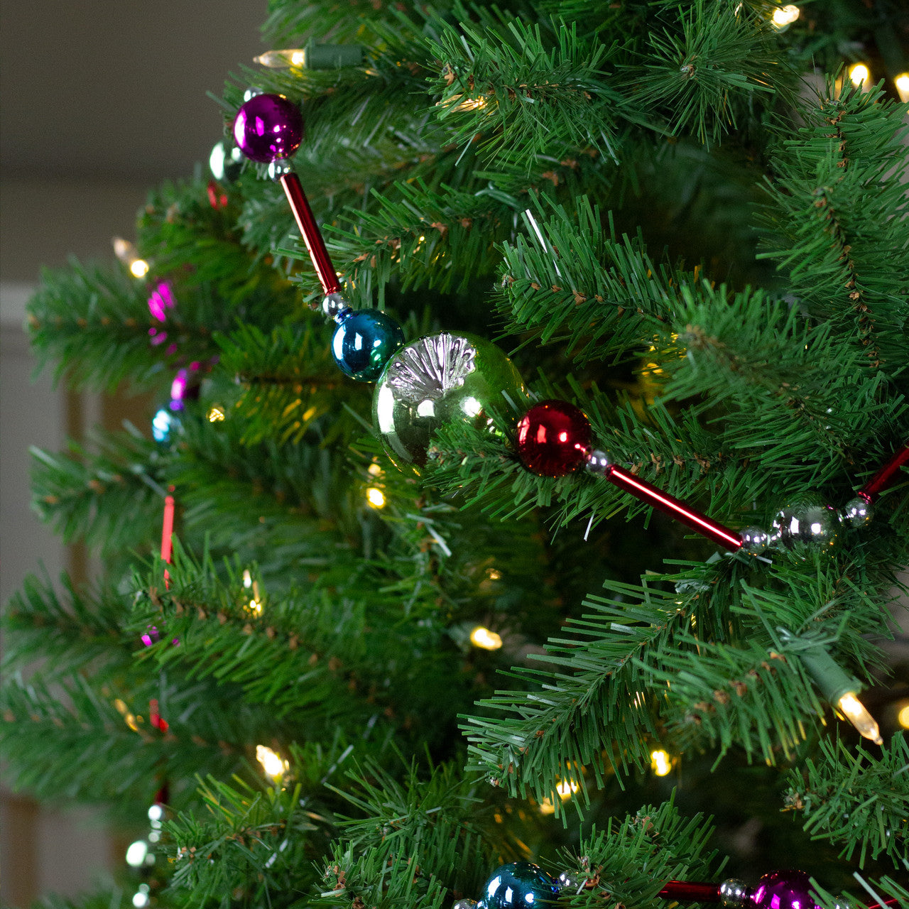 92" Red and Silver Glass Bead with Retro Reflector Ornament Christmas Garland