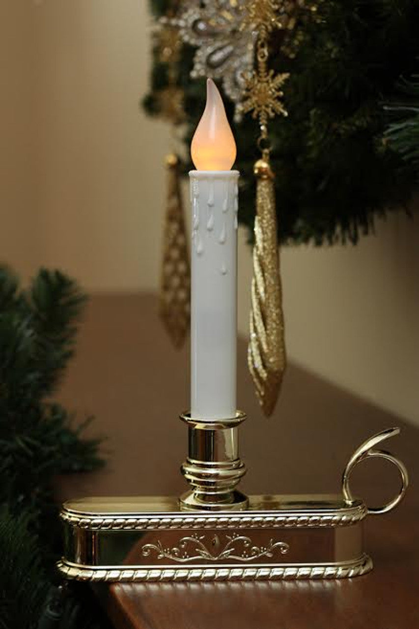 8.75" Pre-Lit White and Gold LED C5 Flickering Christmas Candle Lamp with Handle Base