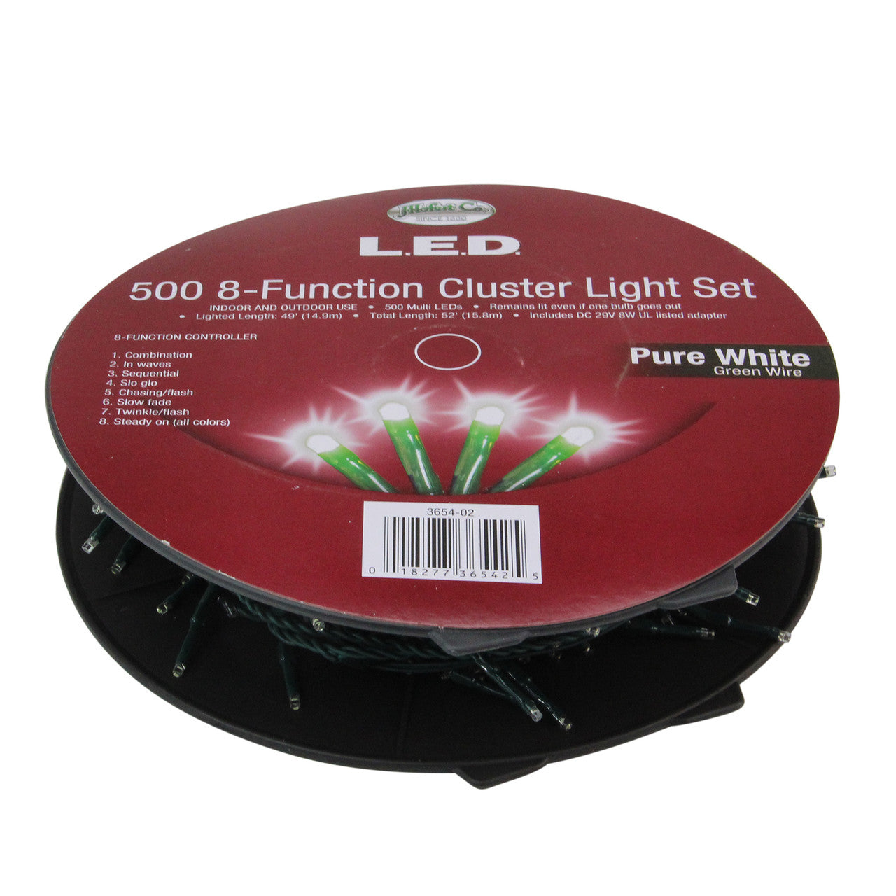 500 Pure White LED 8-Function Cluster Christmas Lights - 49 ft Green Wire