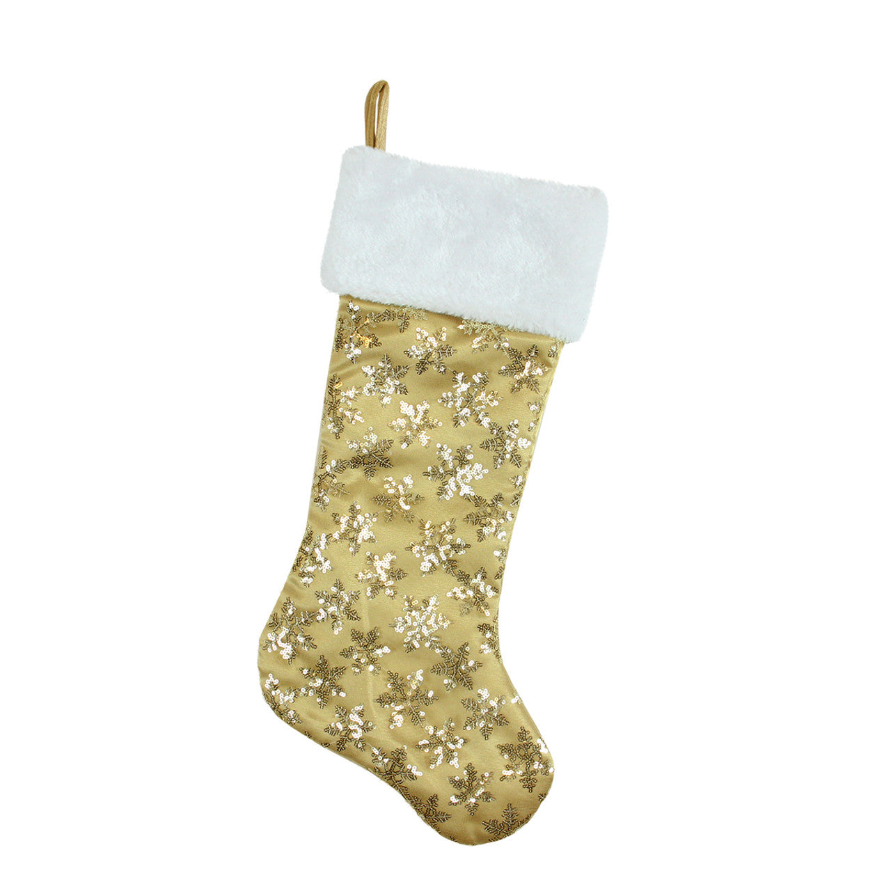 20.5" Gold and White Sequin Snowflake Christmas Stocking