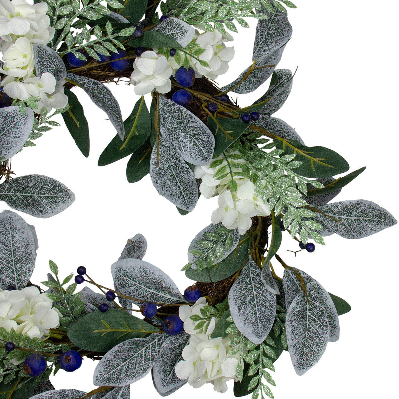 Iced Hydrangeas, Blueberries, and Foliage Artificial Christmas Wreath - 26 Inch, Unlit