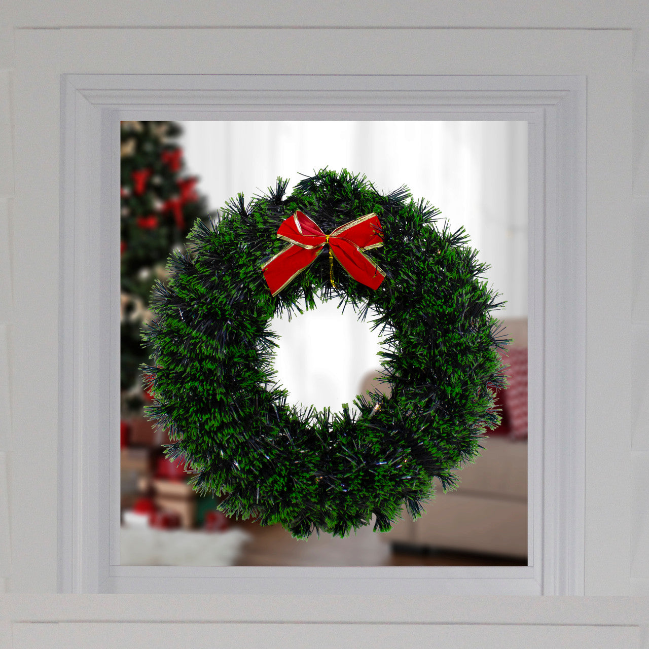 17" Pre-Lit Green Tinsel Artificial Christmas Wreath with a Bow - Clear LED Lights