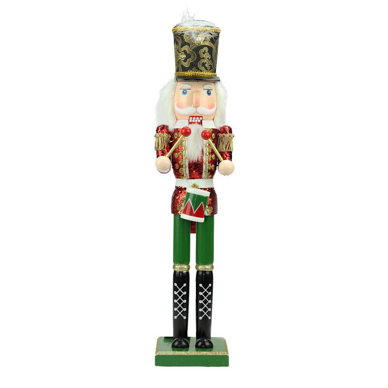 24" Red and Green Glitter Christmas Nutcracker Drummer