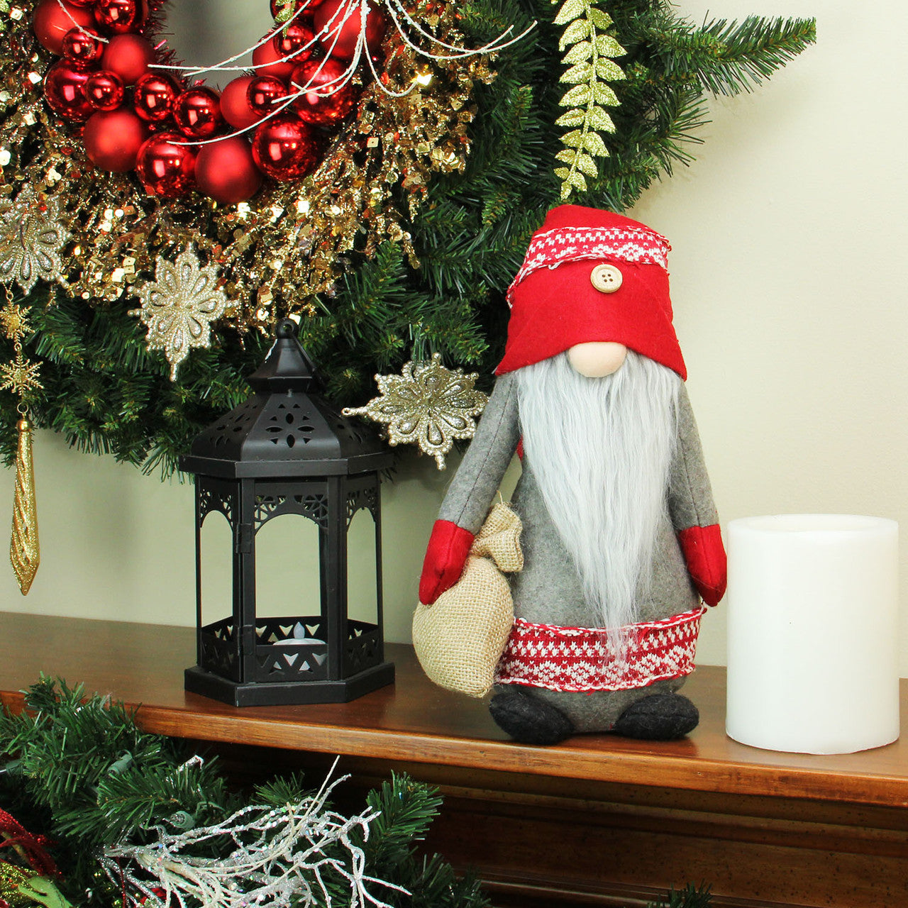 25" Red and Gray Nordic Gnome with Burlap Sack Christmas Figure