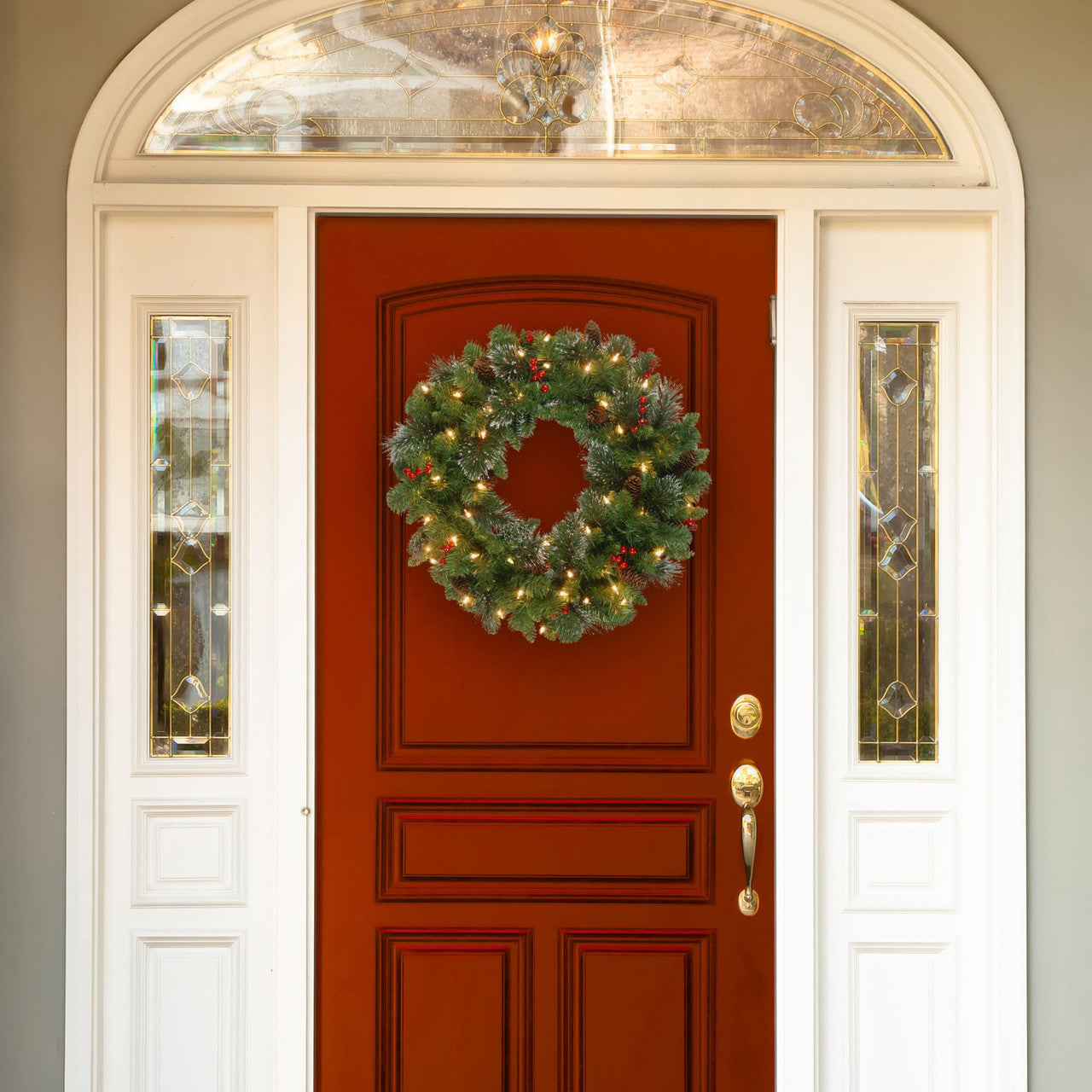 24" Pre-lit Silver Bristle, Pine Cones and Red Berries Battery Operated Artificial Christmas Wreath - LED Lights