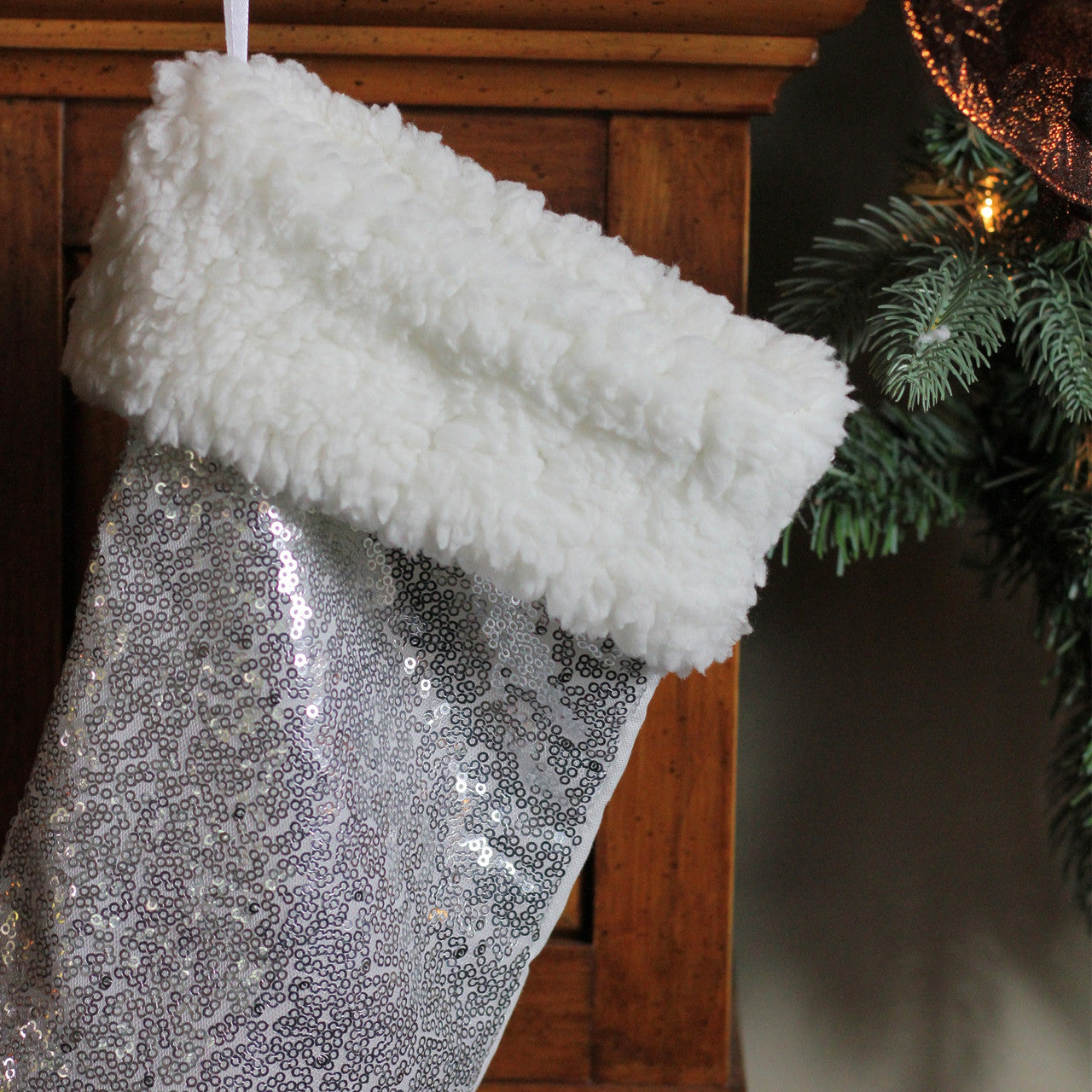 18" Silver Sequins With a White Faux Fur Trim Christmas Stocking