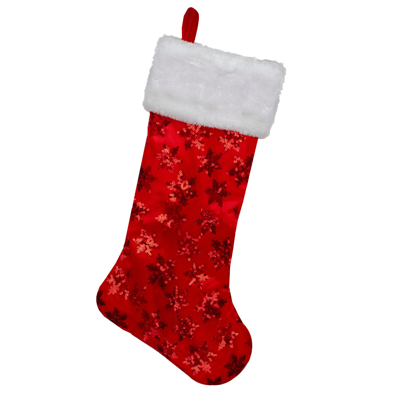 20.5" Red and White Sequin Snowflake Christmas Stocking