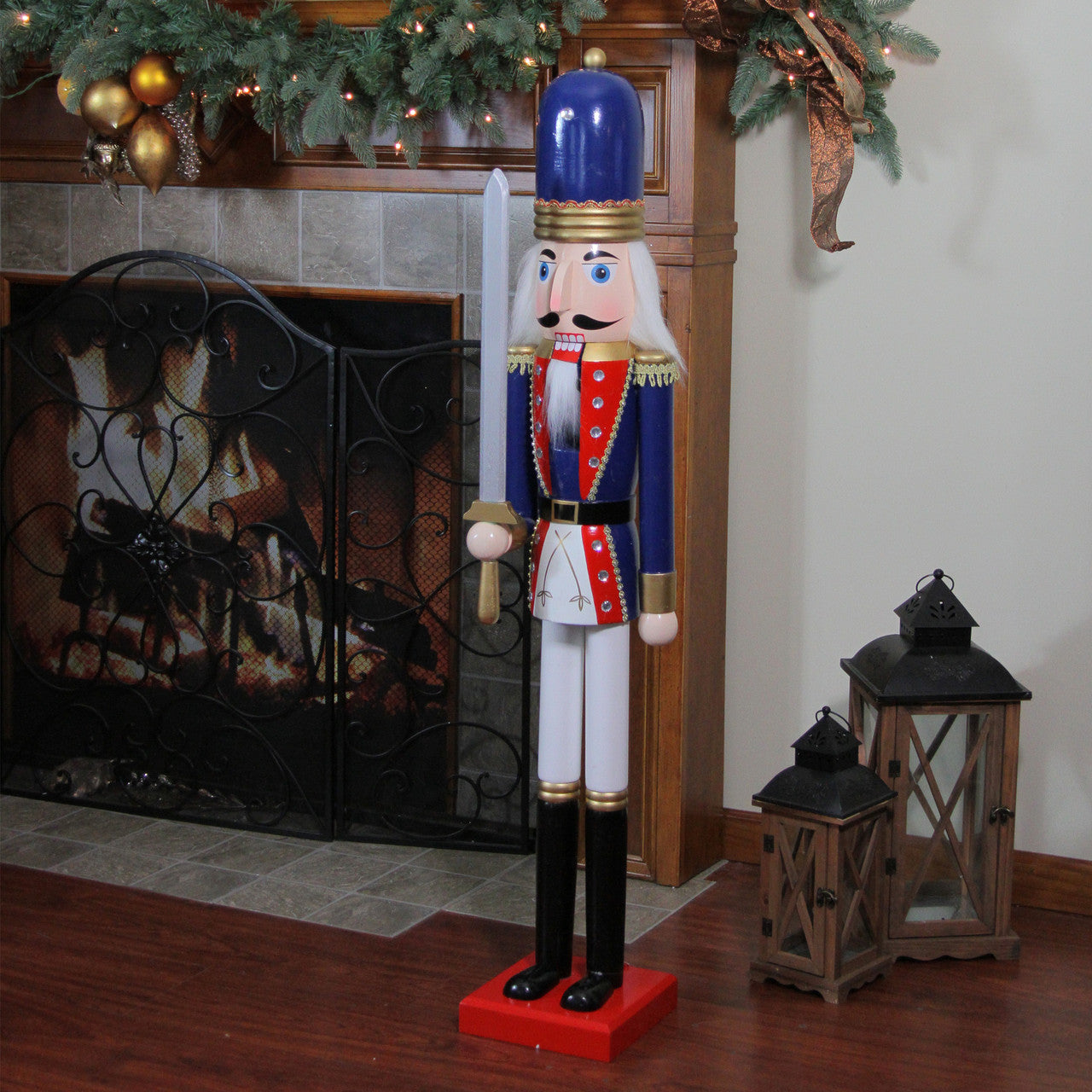 48.25" Blue and White Christmas Nutcracker Soldier with Sword