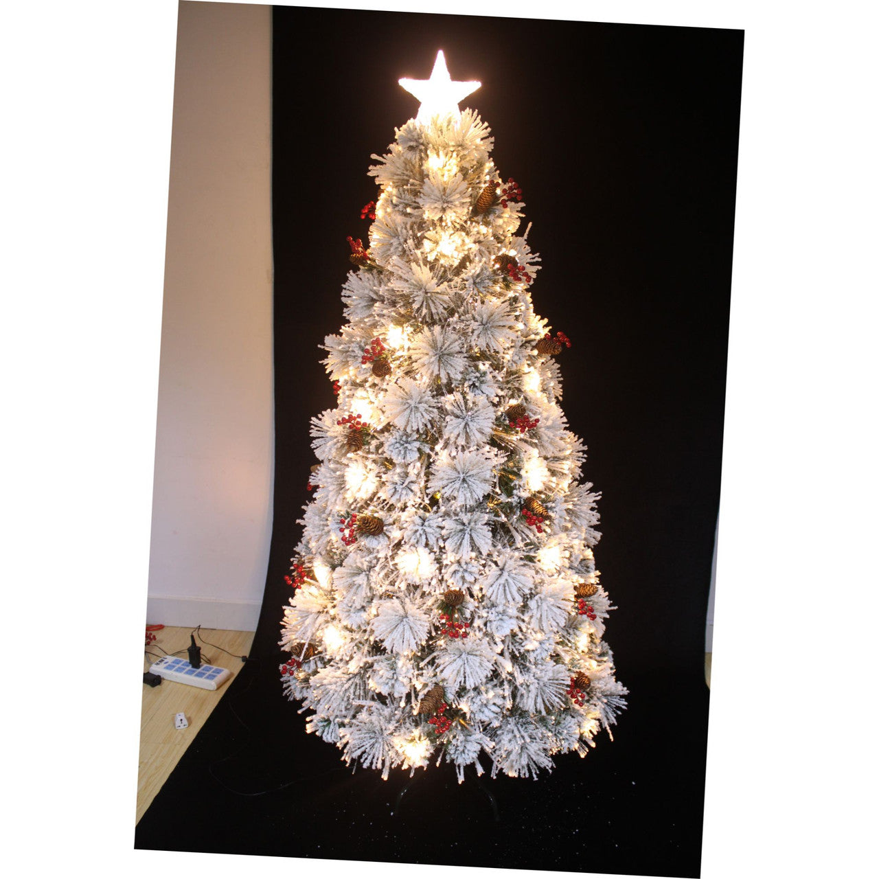 72" White and Red Fiber Optic Snow Artificial Christmas Tree with Cones and Berries