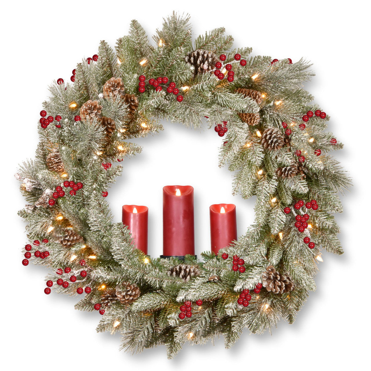 36 Battery Operated Snowy Bristle Berry Wreath with Three Candle