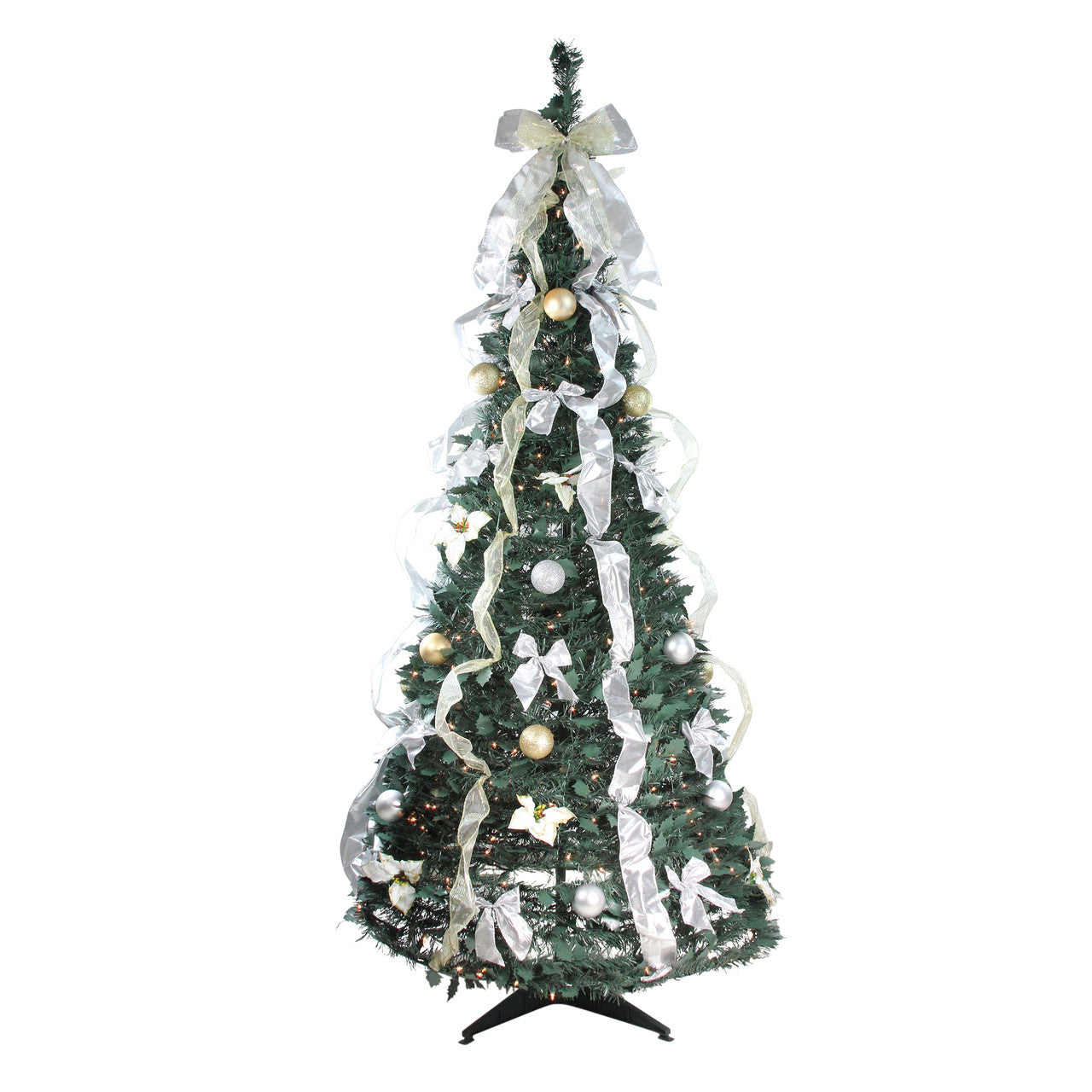 6' Pre-Lit Silver and Gold Pre-Decorated Pop-Up Artificial Christmas Tree, Clear Lights