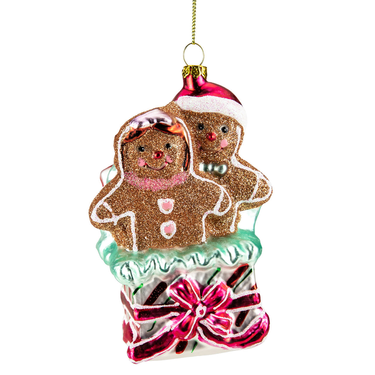 4.5" Glittered Gingerbread Couple in Gift Box Glass Christmas Ornament