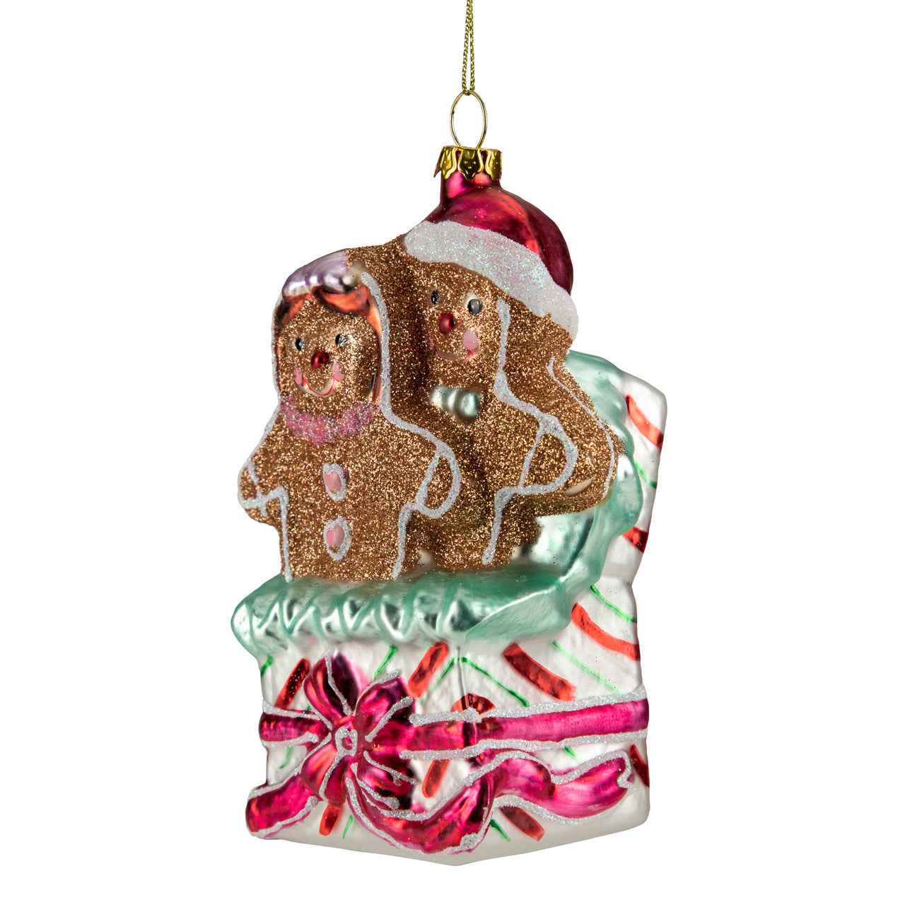4.5" Glittered Gingerbread Couple in Gift Box Glass Christmas Ornament