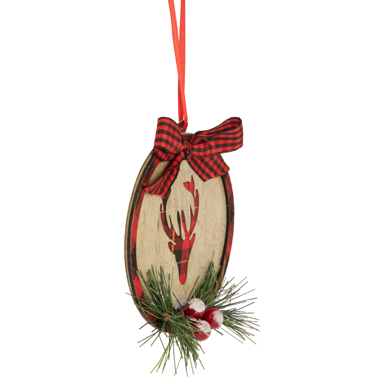 4" Red and Black Buffalo Plaid Reindeer Disc Christmas Ornament