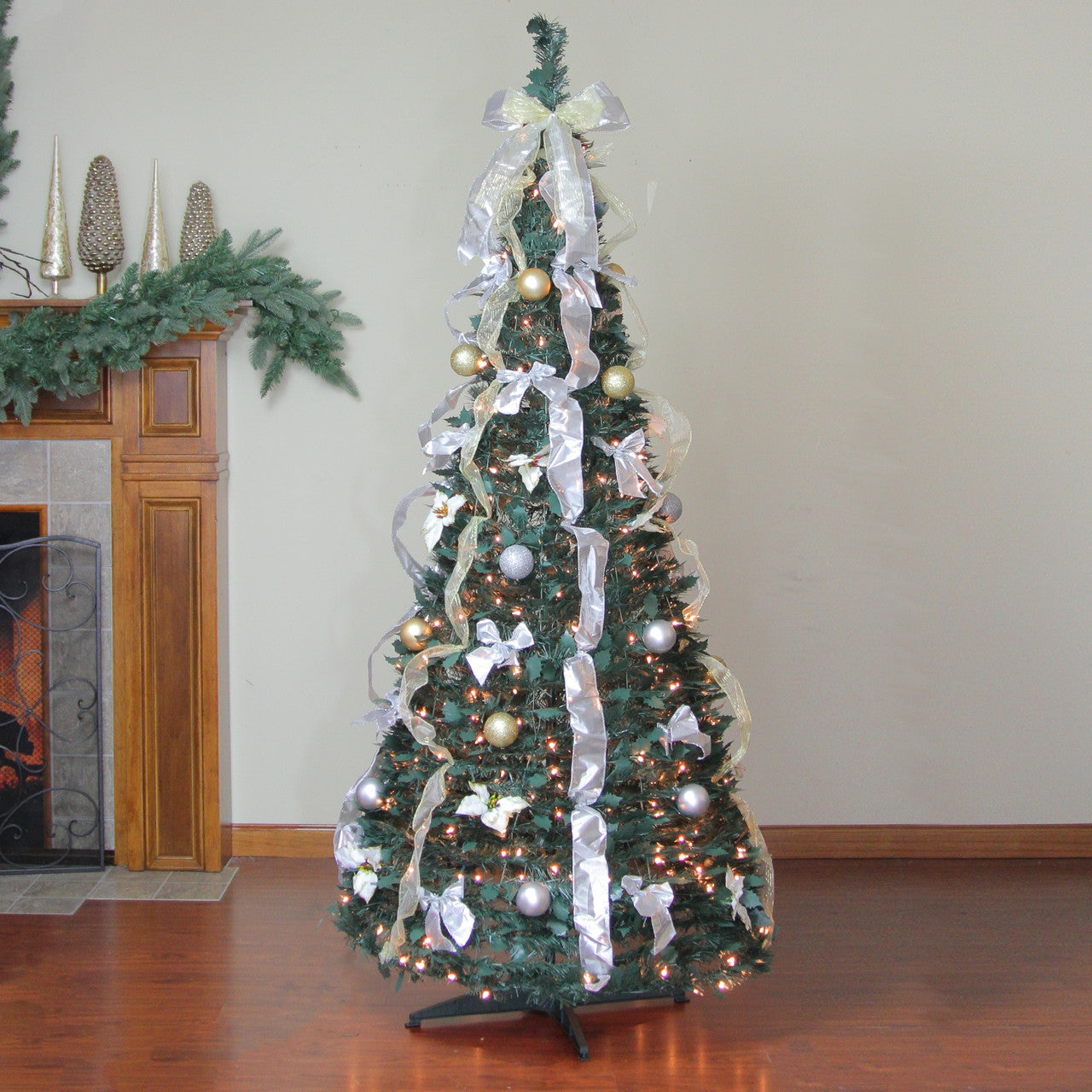 6' Pre-Lit Silver and Gold Pre-Decorated Pop-Up Artificial Christmas Tree, Clear Lights