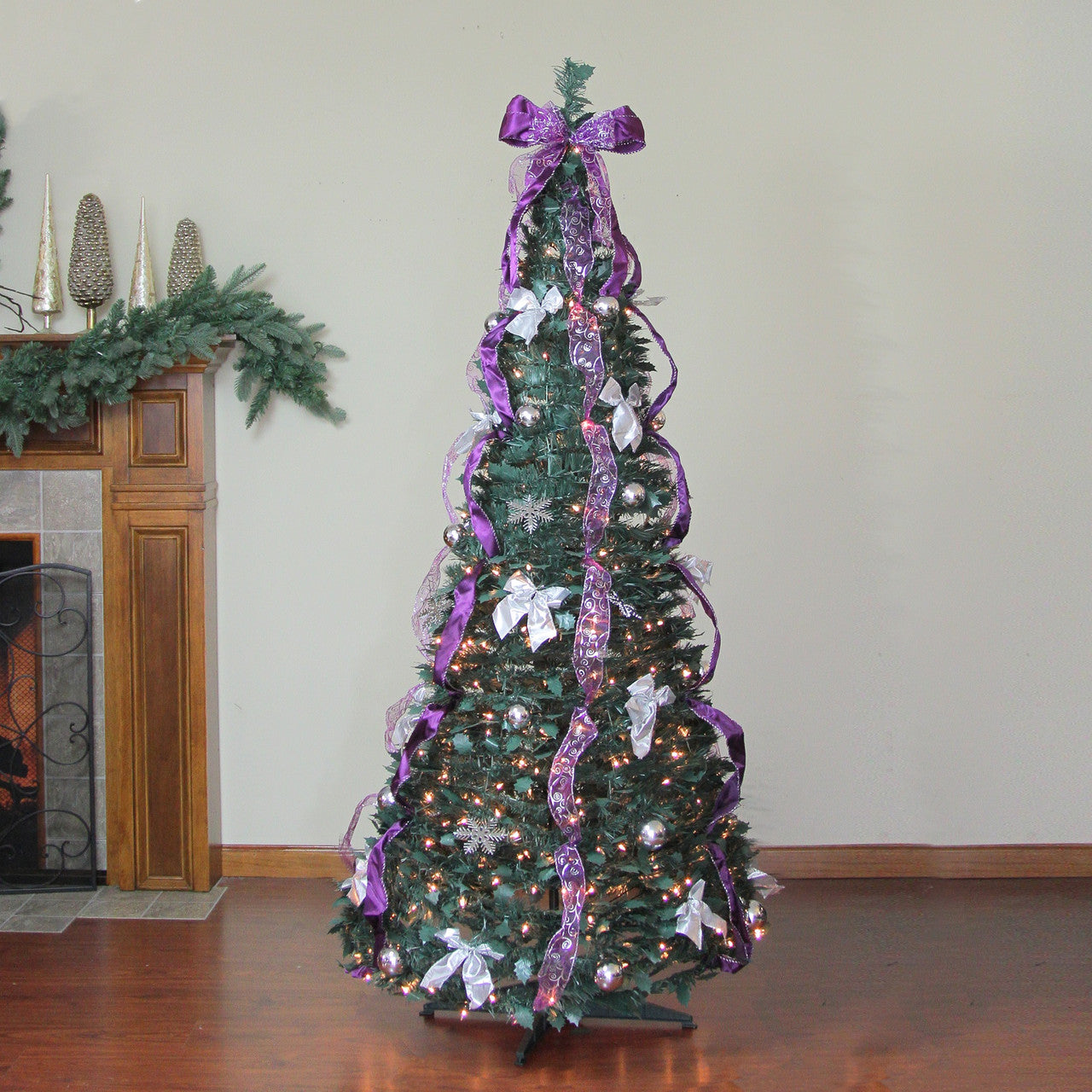 6' Pre-Lit Purple and Silver Pre-Decorated Pop-Up Artificial Christmas Tree, Clear Lights