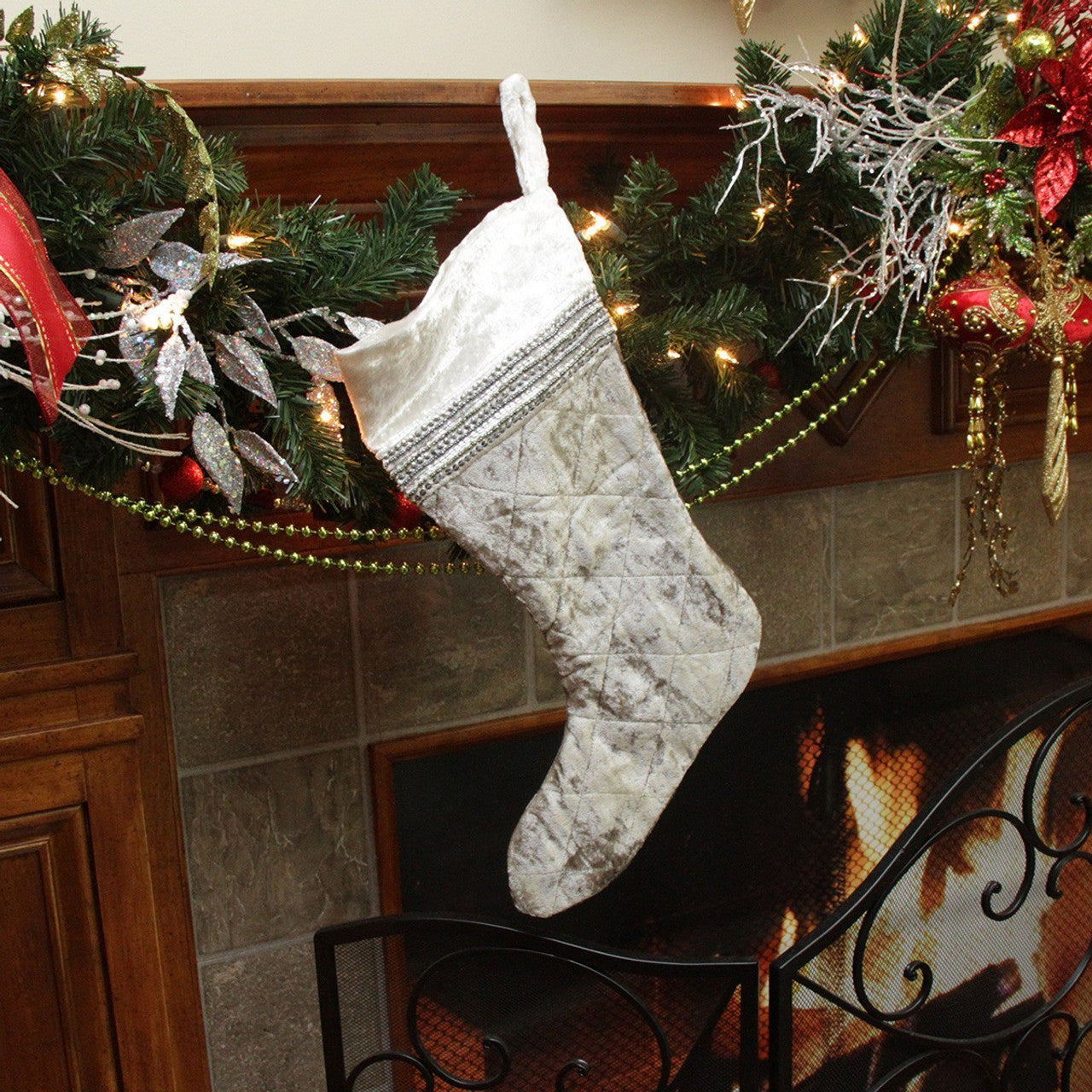 17" Gray and White Quilted Embellished Christmas Stocking